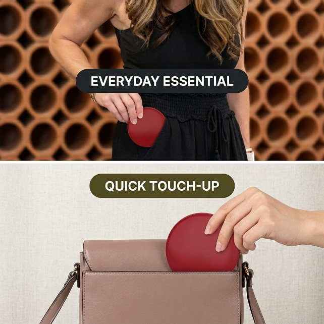 Pink LED travel makeup mirror being carried in a pocket, showing its compact size