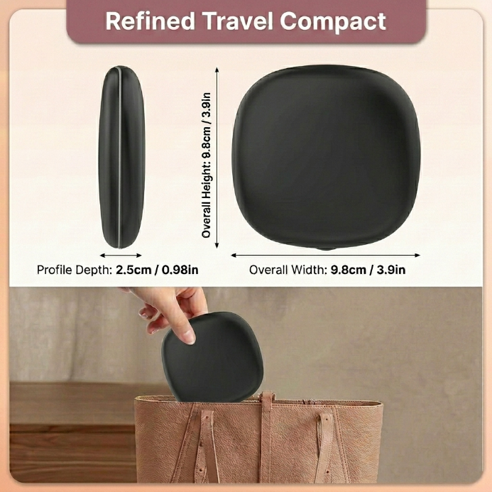 Pink LED travel makeup mirror being carried in a pocket, showing its compact size