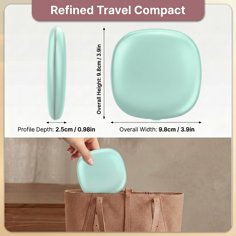 Pink LED travel makeup mirror being carried in a pocket, showing its compact size