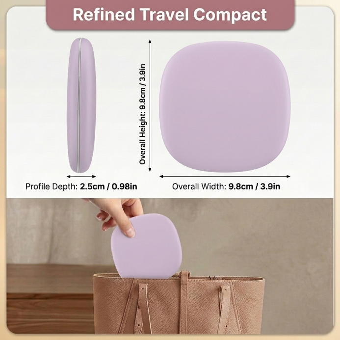 Pink LED travel makeup mirror being carried in a pocket, showing its compact size
