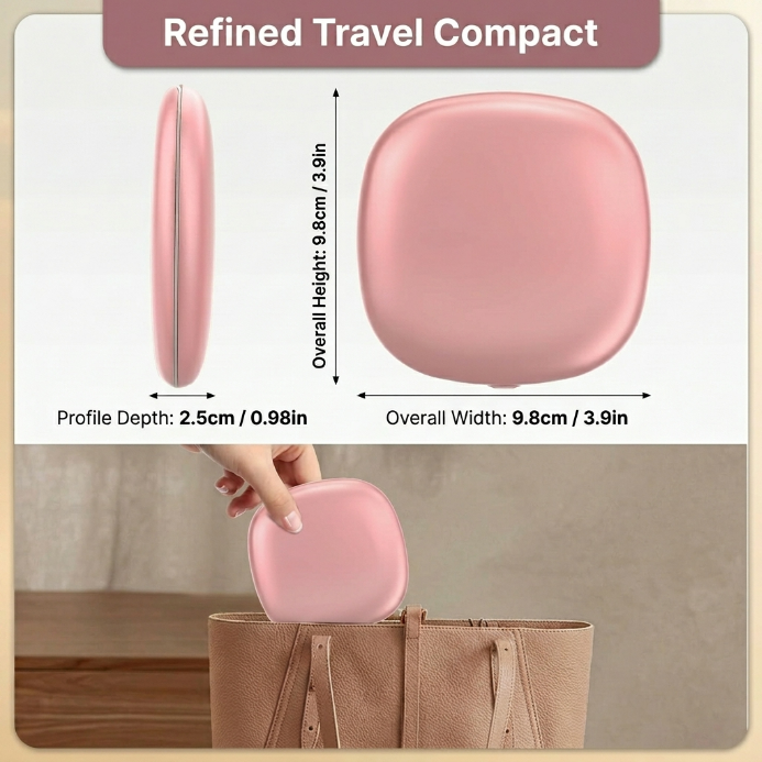 Pink LED travel makeup mirror being carried in a pocket, showing its compact size