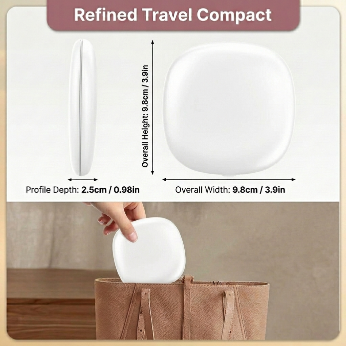 Pink LED travel makeup mirror being carried in a pocket, showing its compact size