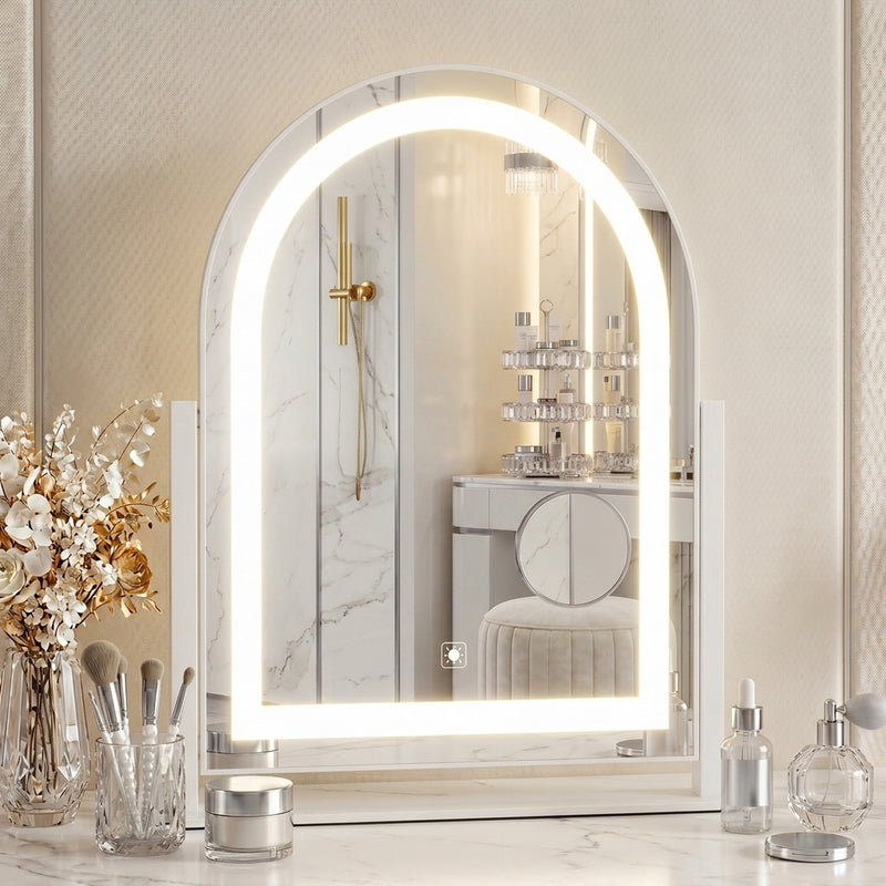 White LED vanity mirror with edge lighting and attached 20X magnifier on a marble vanity table