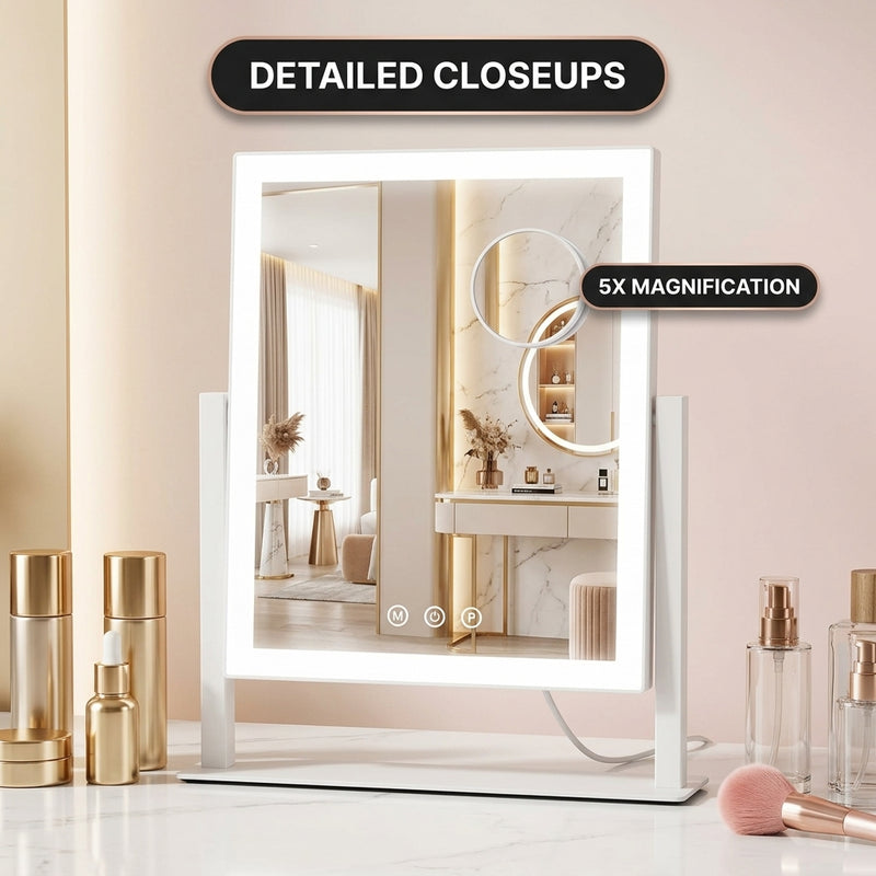 White LED vanity mirror with edge lighting and attached 20X magnifier on a marble vanity table