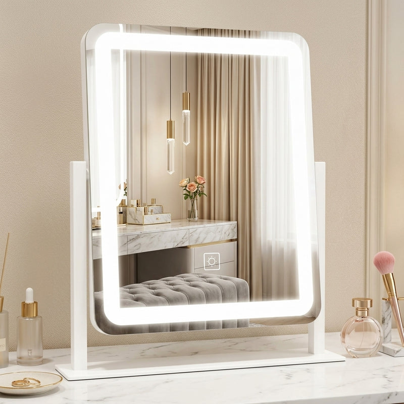 White LED vanity mirror with edge lighting and attached 20X magnifier on a marble vanity table