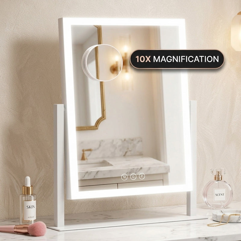 White LED vanity mirror with edge lighting and attached 20X magnifier on a marble vanity table