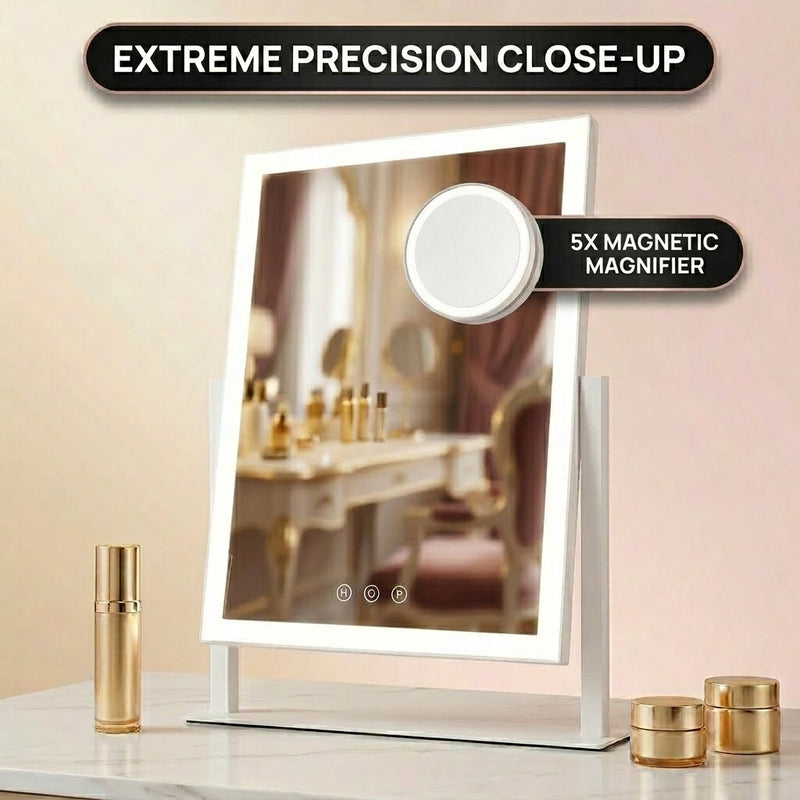 White LED vanity mirror with edge lighting and attached 20X magnifier on a marble vanity table