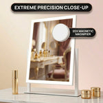 White LED vanity mirror with edge lighting and attached 20X magnifier on a marble vanity table
