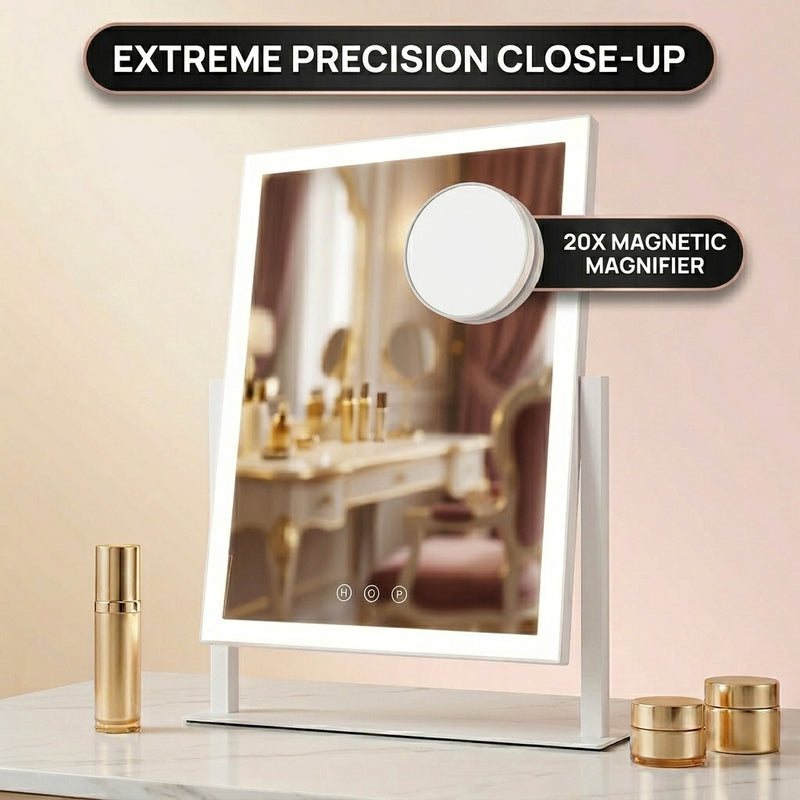 White LED vanity mirror with edge lighting and attached 20X magnifier on a marble vanity table