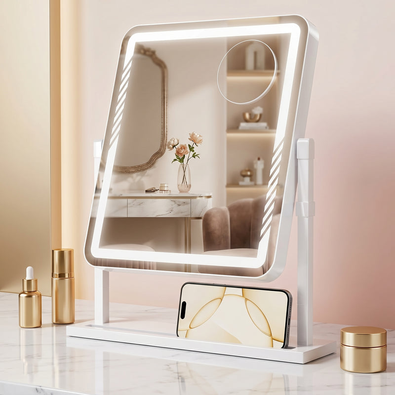 White LED vanity mirror with edge lighting and attached 20X magnifier on a marble vanity table