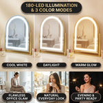 Three views of the LED vanity mirror showing cool, natural, and warm lighting modes