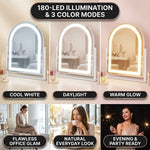 Three views of the LED vanity mirror showing cool, natural, and warm lighting modes