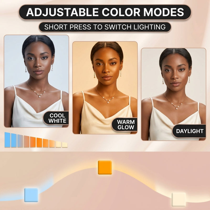 Three views of the LED vanity mirror showing cool, natural, and warm lighting modes