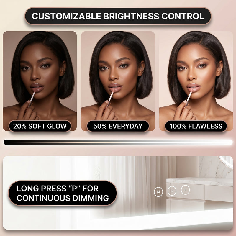 Three views of the LED vanity mirror showing cool, natural, and warm lighting modes