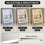 Three views of the LED vanity mirror showing cool, natural, and warm lighting modes