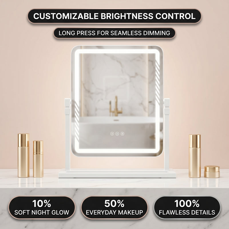 Three views of the LED vanity mirror showing cool, natural, and warm lighting modes
