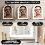 Hands attaching the magnetic 20X magnifier to the LED vanity mirror surface