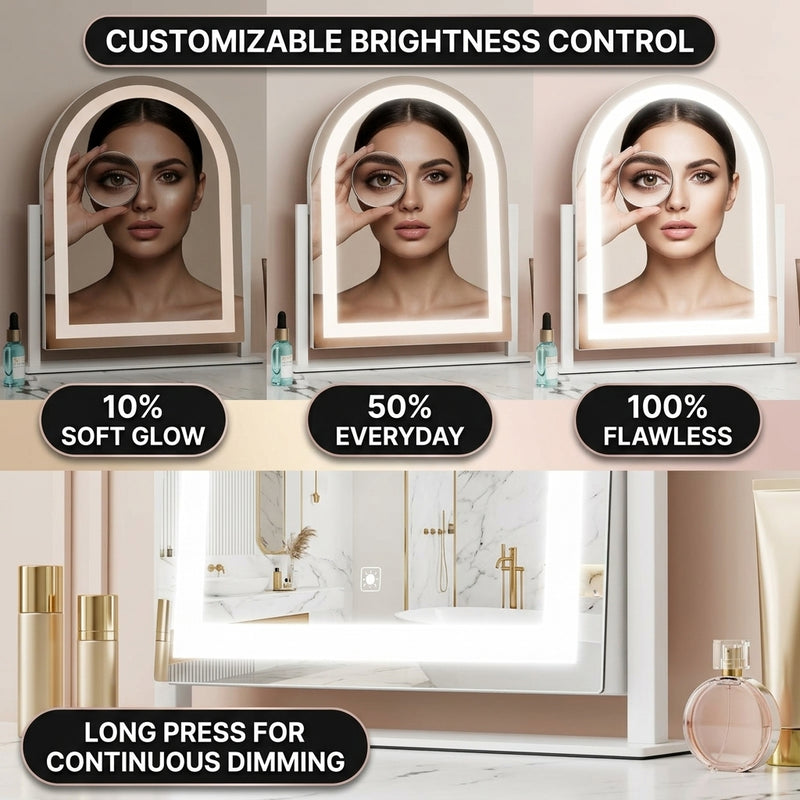 Hands attaching the magnetic 20X magnifier to the LED vanity mirror surface