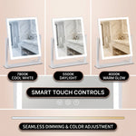 Hands attaching the magnetic 20X magnifier to the LED vanity mirror surface