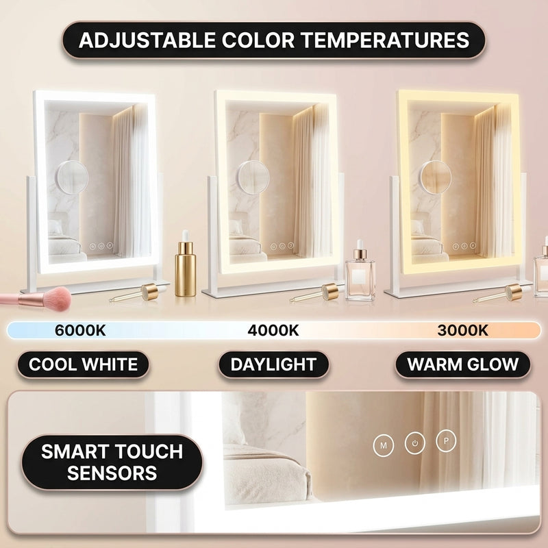 Hands attaching the magnetic 20X magnifier to the LED vanity mirror surface