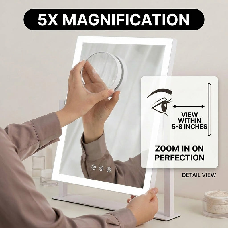 Hands attaching the magnetic 20X magnifier to the LED vanity mirror surface