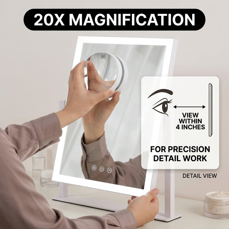 Hands attaching the magnetic 20X magnifier to the LED vanity mirror surface