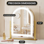 Diagram showing LED vanity mirror dimensions and included USB cable, USB plug, and 20X magnifier