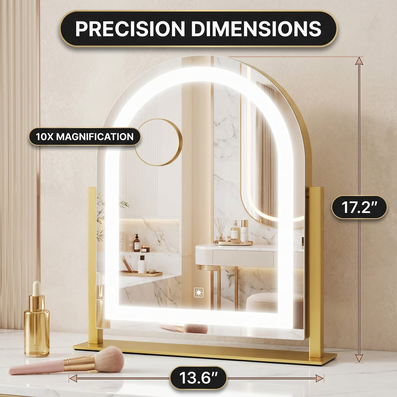 Diagram showing LED vanity mirror dimensions and included USB cable, USB plug, and 20X magnifier