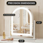 Diagram showing LED vanity mirror dimensions and included USB cable, USB plug, and 20X magnifier