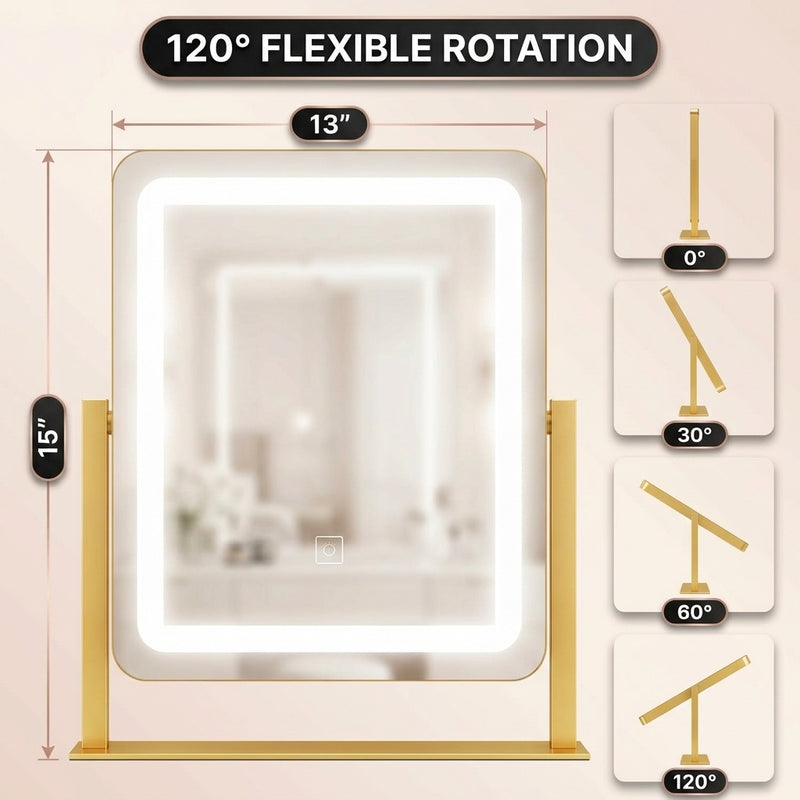 Diagram showing LED vanity mirror dimensions and included USB cable, USB plug, and 20X magnifier