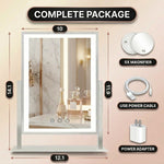 Diagram showing LED vanity mirror dimensions and included USB cable, USB plug, and 20X magnifier
