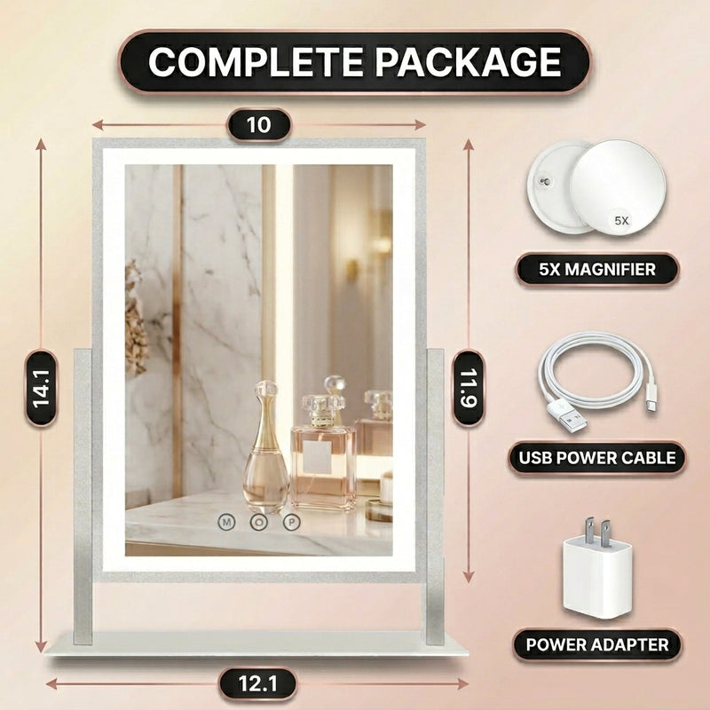 Diagram showing LED vanity mirror dimensions and included USB cable, USB plug, and 20X magnifier