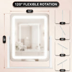 Diagram showing LED vanity mirror dimensions and included USB cable, USB plug, and 20X magnifier