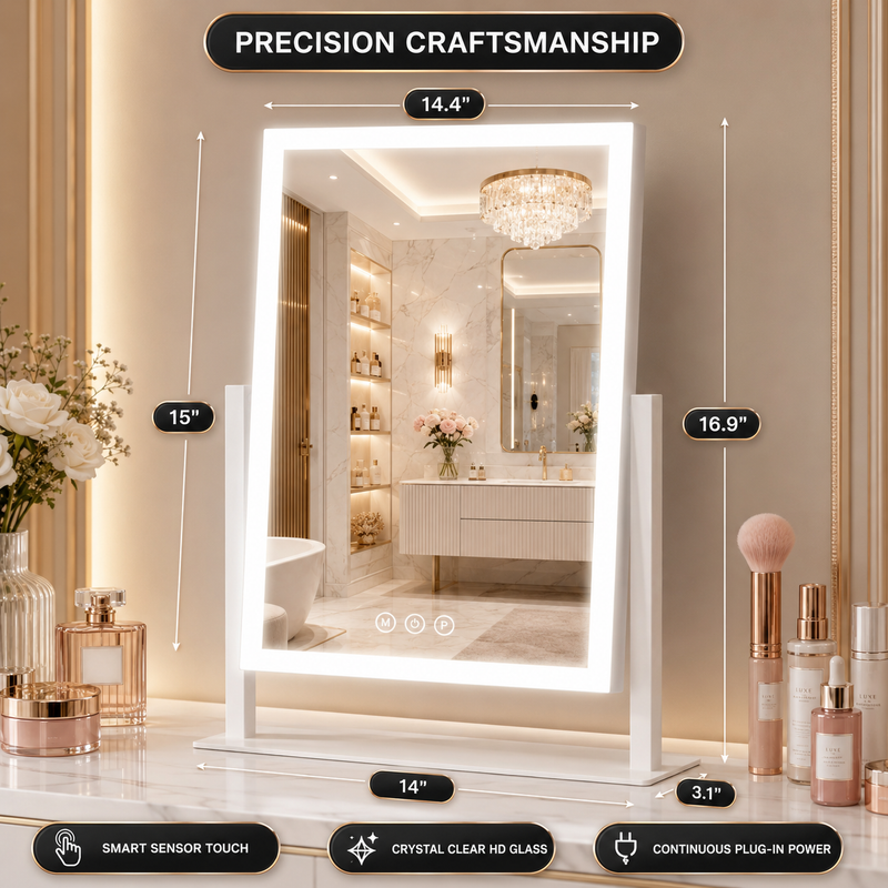 Diagram showing LED vanity mirror dimensions and included USB cable, USB plug, and 20X magnifier