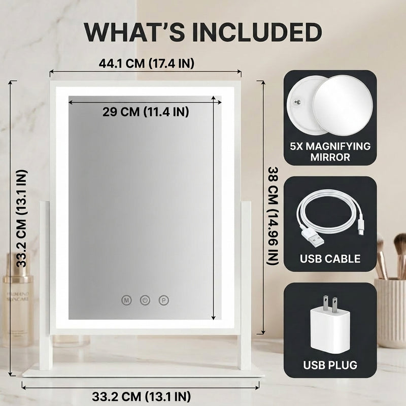 Diagram showing LED vanity mirror dimensions and included USB cable, USB plug, and 20X magnifier