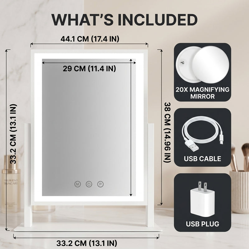 Diagram showing LED vanity mirror dimensions and included USB cable, USB plug, and 20X magnifier