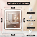 Diagram showing LED vanity mirror dimensions and included USB cable, USB plug, and 20X magnifier