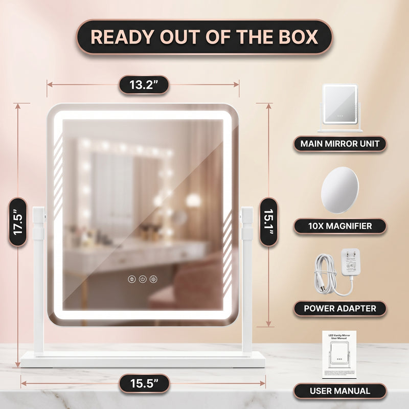 Diagram showing LED vanity mirror dimensions and included USB cable, USB plug, and 20X magnifier