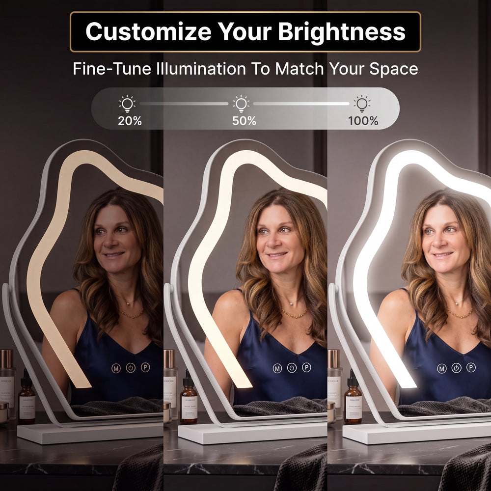 Infographic showing the LED vanity mirror at 20 50 and 100 percent dimmable brightness