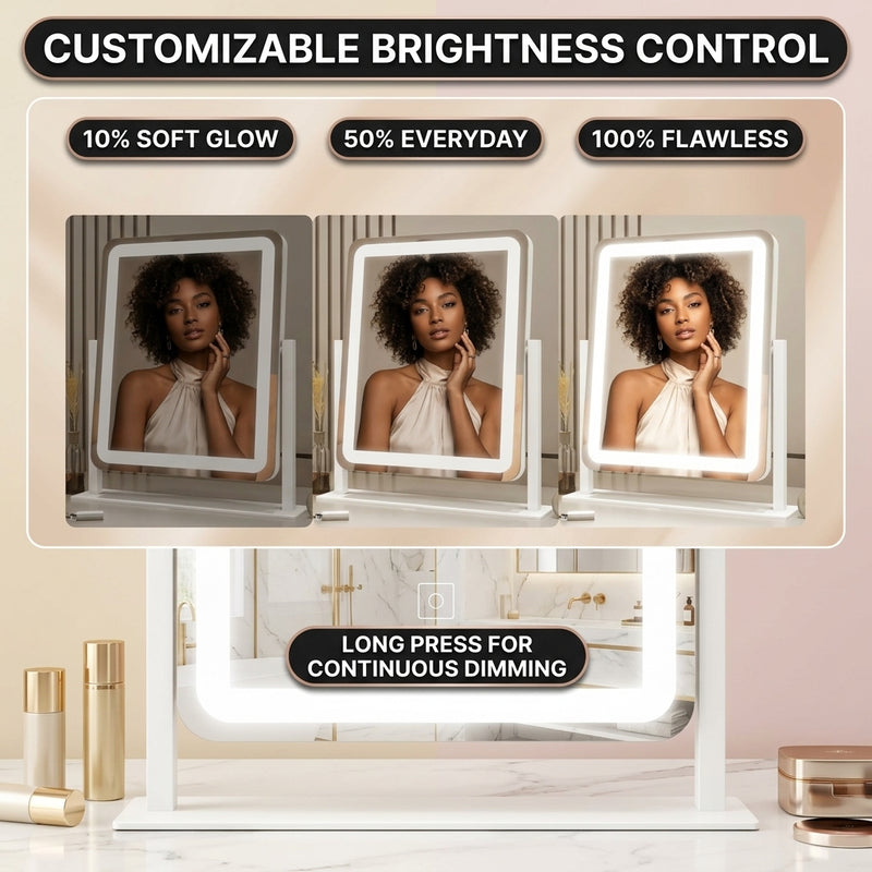 Close-up detail of the mirror frame, touch control icons, and magnetic magnifier