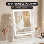 Close-up detail of the mirror frame, touch control icons, and magnetic magnifier