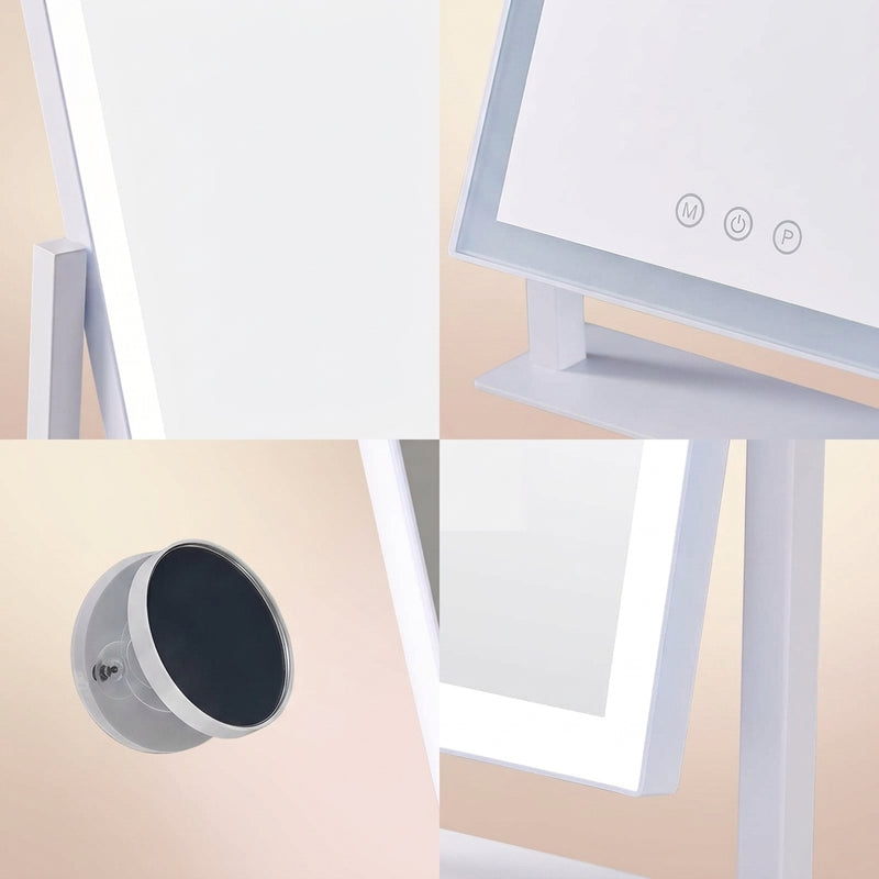 Close-up detail of the mirror frame, touch control icons, and magnetic magnifier