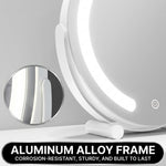 Close-up of the white aluminum alloy frame and touch control button on the LED halo mirror