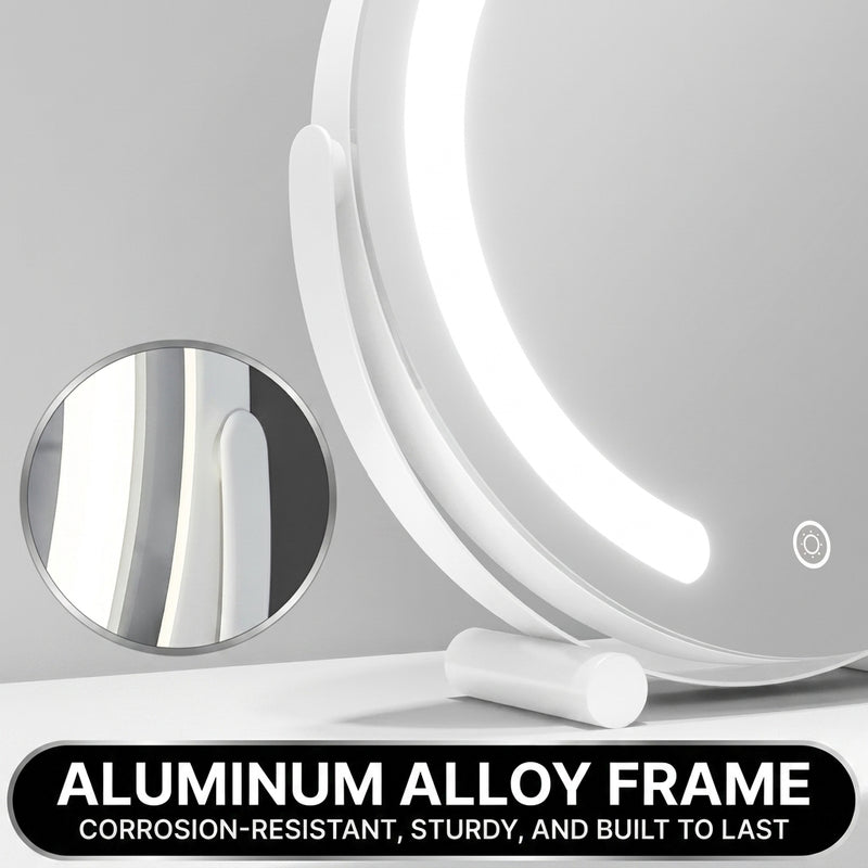Close-up of the white aluminum alloy frame and touch control button on the LED halo mirror