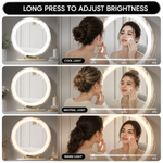 Close-up of the white aluminum alloy frame and touch control button on the LED halo mirror