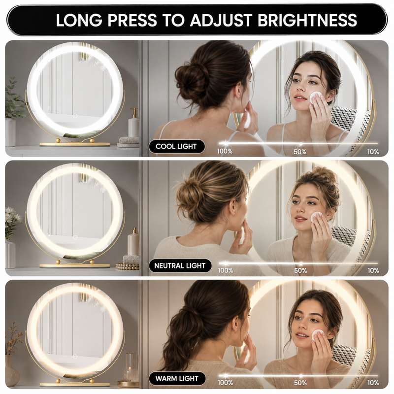 Close-up of the white aluminum alloy frame and touch control button on the LED halo mirror