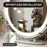 Close-up of the white aluminum alloy frame and touch control button on the LED halo mirror