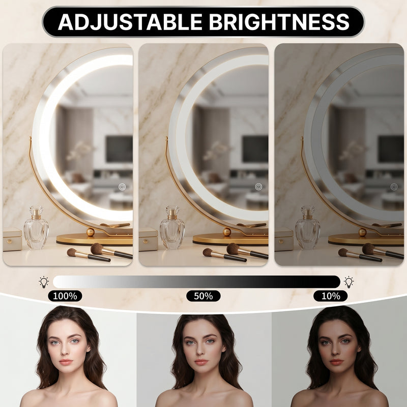 Close-up of the white aluminum alloy frame and touch control button on the LED halo mirror