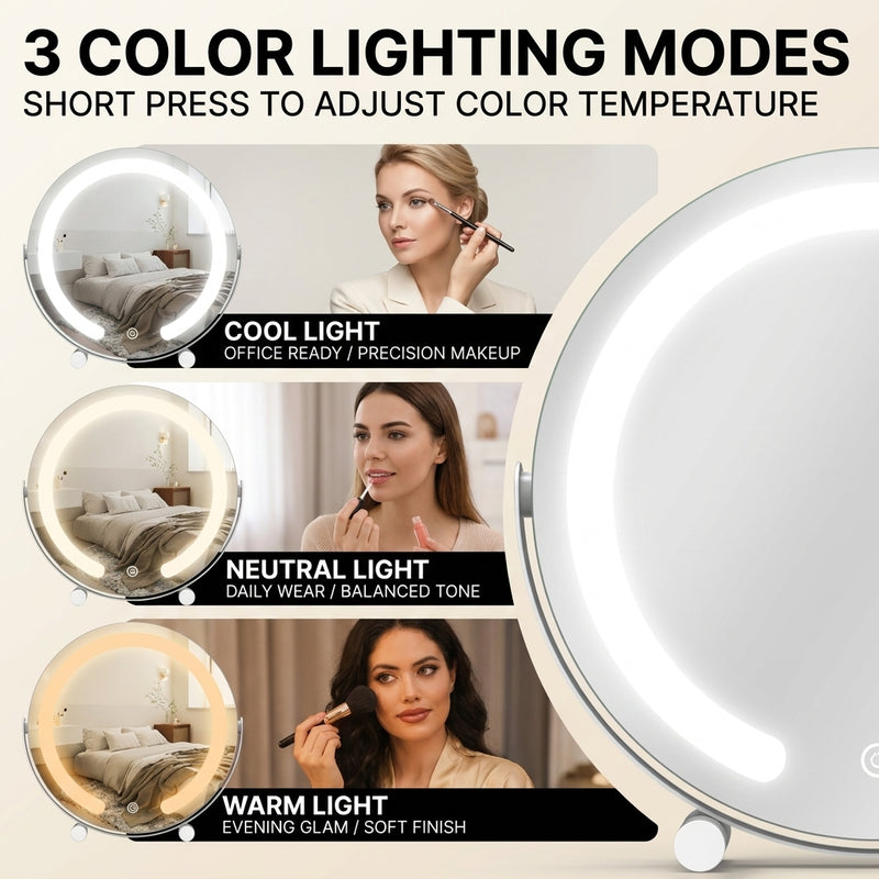 White LED vanity mirror shown in cool, neutral, and warm light modes across three bedroom scenes