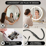 White LED vanity mirror shown in cool, neutral, and warm light modes across three bedroom scenes